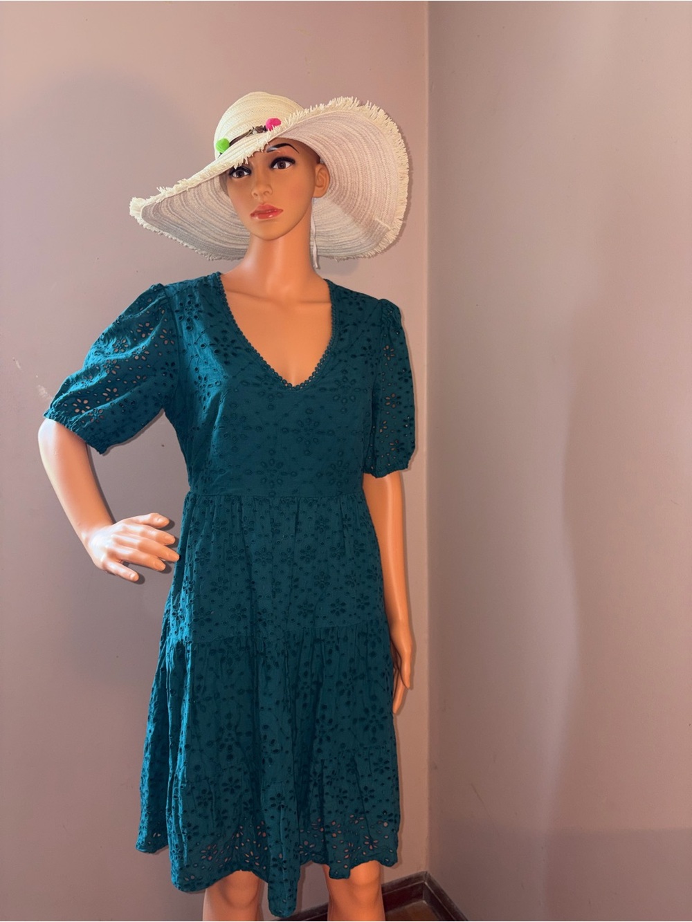 Boden Teal Eyelet V-Neck Midi Dress